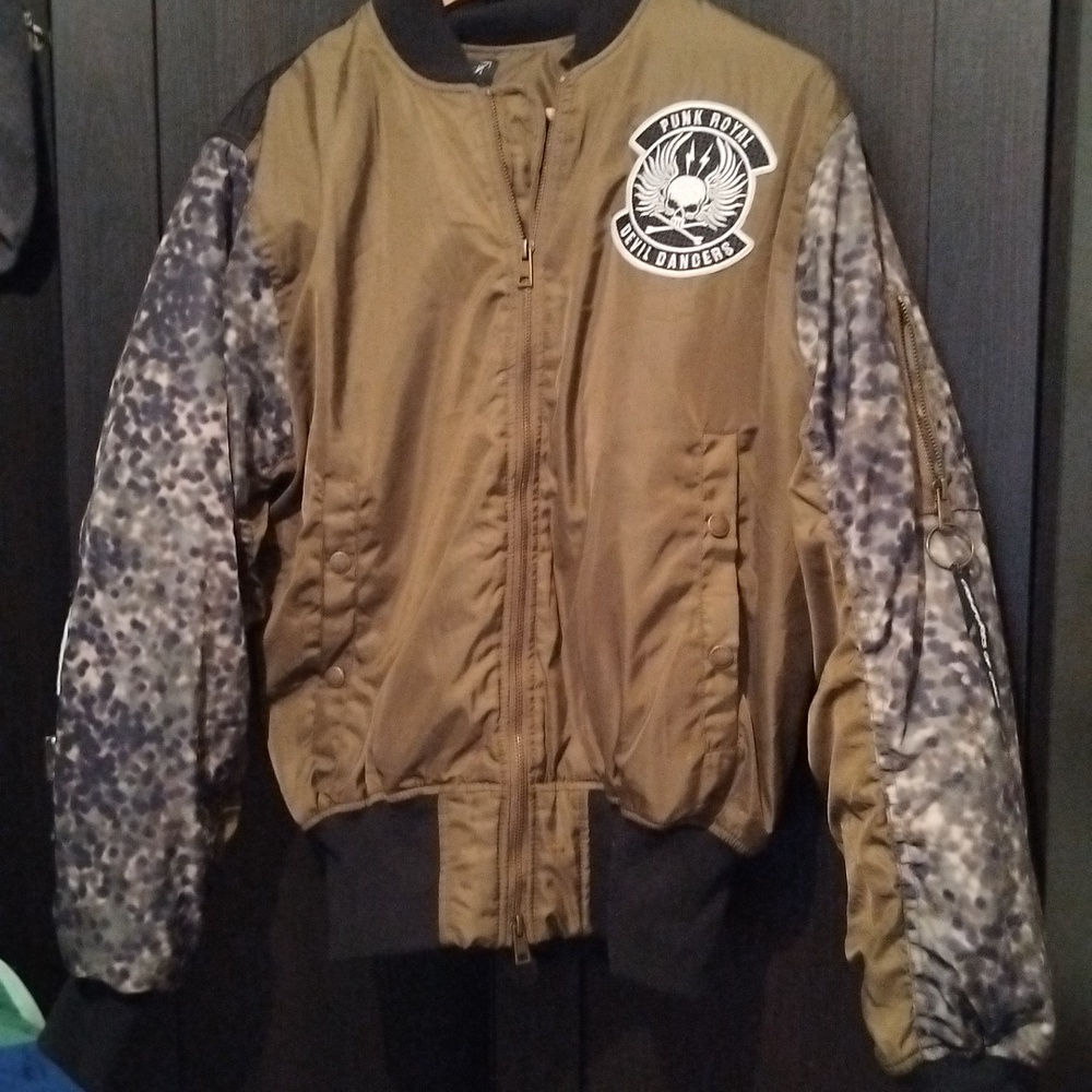 New With Tags Punk Royal Olive Camo Collage Oversized Bomber Jacket - Small